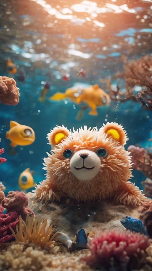 Рыбка-плюшевый мишка в яркой подводной сцене в сопровождении игрушечных морских существ.