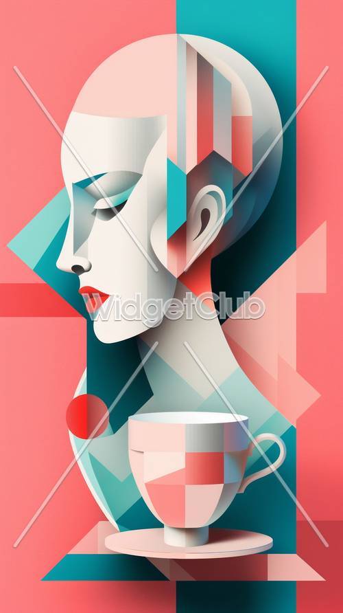 Bunte geometrische Kunst einer Frau mit einer Tasse