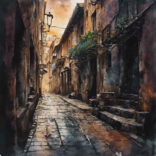 Une ruelle sombre dans une ville mystérieuse, animée par des coups de pinceau à l&#39;aquarelle.