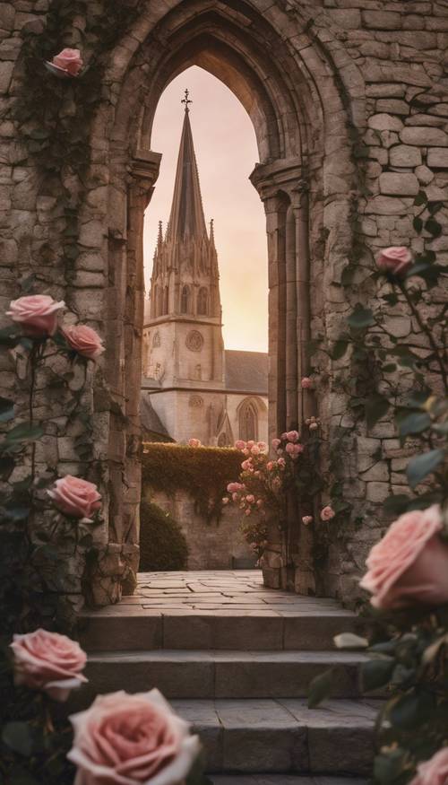 A Gothic cathedral at sunset with roses climbing up its old stone walls.