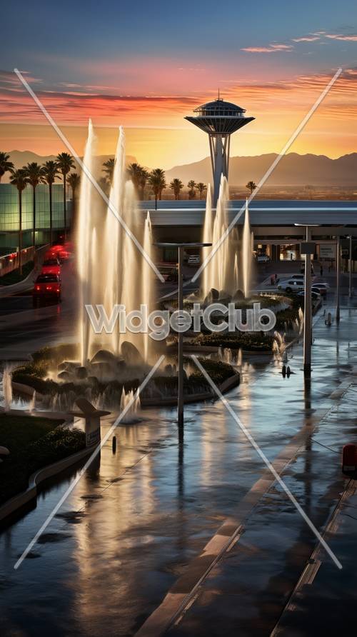 Springbrunnen-Show bei Sonnenuntergang in der Mall