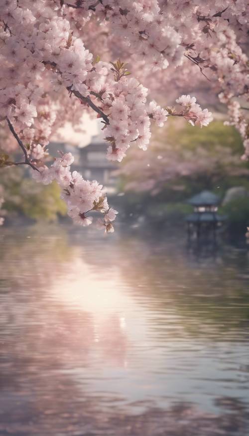 고요한 강변을 따라 펼쳐진 일본 벚꽃의 저녁 풍경. 부드럽고 차분한 파스텔 색상입니다.