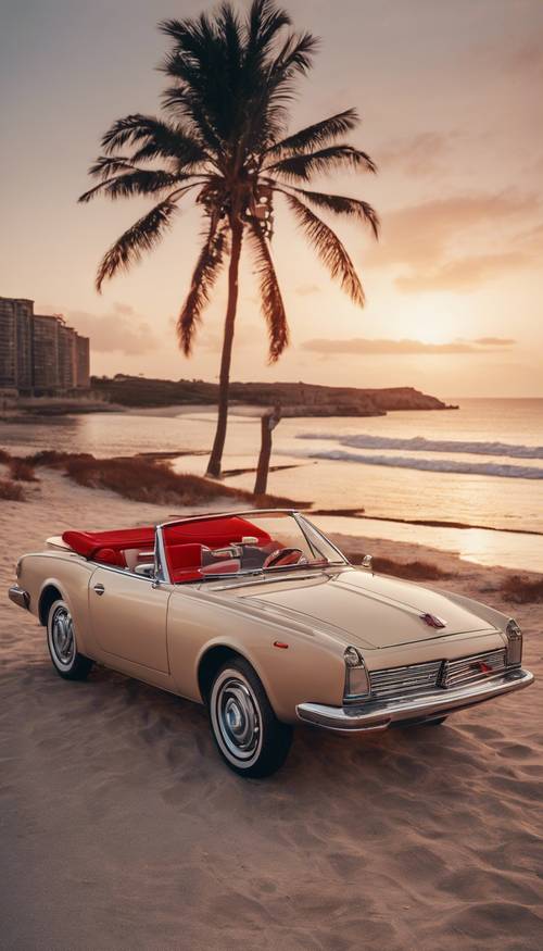 Un cabriolet beige de style ancien avec un intérieur en cuir rouge luxueux garé devant une plage au coucher du soleil.