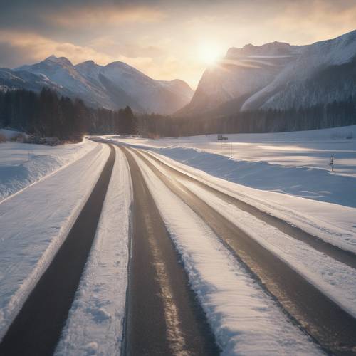 Odległa autostrada wijąca się między pokrytymi śniegiem górami, której szczyt skąpany jest w pierwszych promieniach słońca.