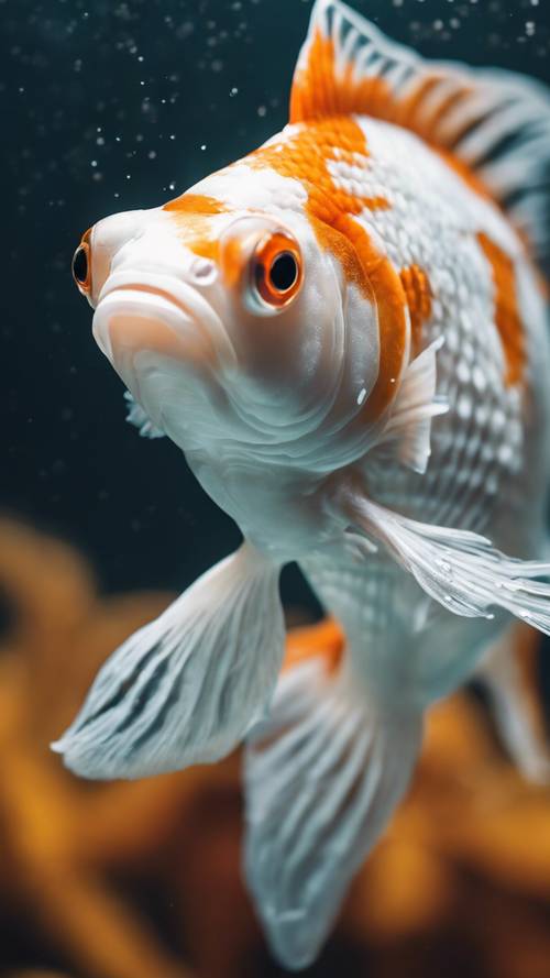 Ritratto di un delicato pesce rosso bianco e arancione in acque pulite e cristalline.