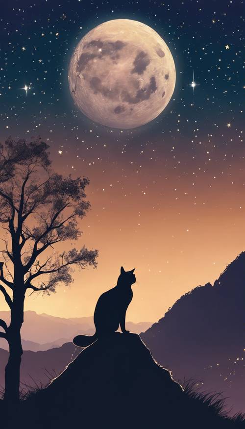 A silhouette of a majestic cat sitting atop a hill, against a sky spread with stars and the glow of a full moon.