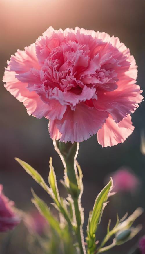 一朵充滿活力的粉紅康乃馨盛開，沐浴在清晨的陽光下。