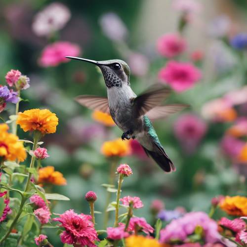 A detailed close-up of a gray hummingbird mid-flight among brightly colored flowers in a beautiful garden.