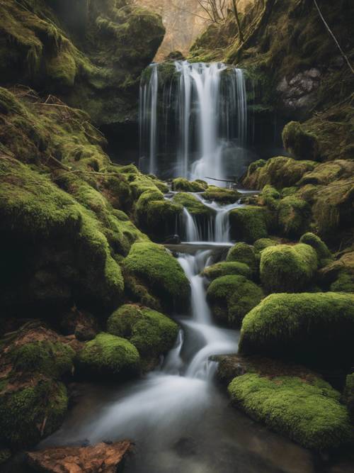 Ein kaskadenartiger Wasserfall in einem abgeschiedenen Wald, umgeben von moosbedeckten Felsen.