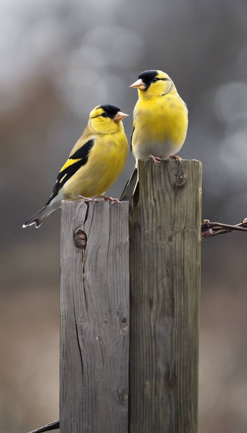 A pair of goldfinches perched on a gray, weather-beaten wooden fence.