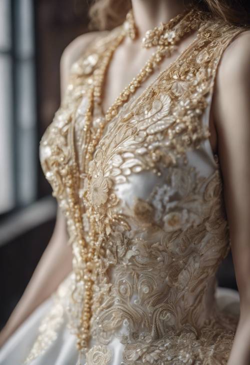 복잡한 황금빛 자수와 비즈 장식이 돋보이는 호화로운 흰색 웨딩드레스입니다.