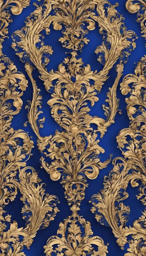 Pola mulus dari desain Damask biru royal yang rumit.