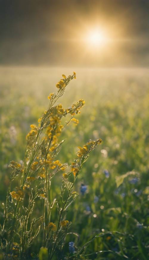 Uma manhã fresca no campo com luz do sol dourada fluindo através da névoa sobre campos verdejantes e flores silvestres cobertas de orvalho.