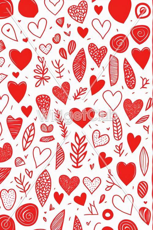 Bright and Cheerful Red Hearts and Leaves Pattern