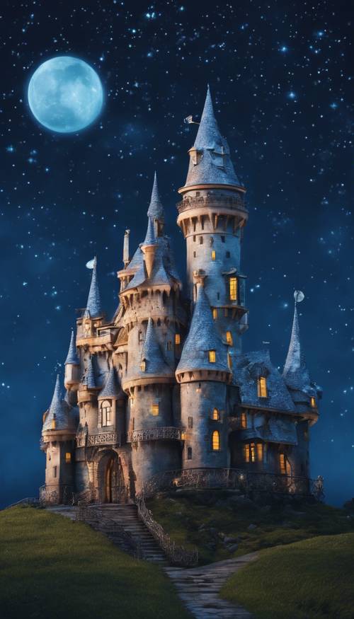 Un château de conte de fées à la Tim Burton sous une nuit bleue étoilée.