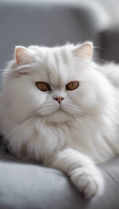 부드러운 회색 쿠션 위에 부드러운 흰색 페르시아 고양이가 누워 있습니다. 벽지 [6215a65515bd42408243]