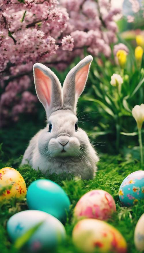 复活节兔子将色彩鲜艳的复活节彩蛋藏在郁郁葱葱的花园中，春天鲜花盛开。