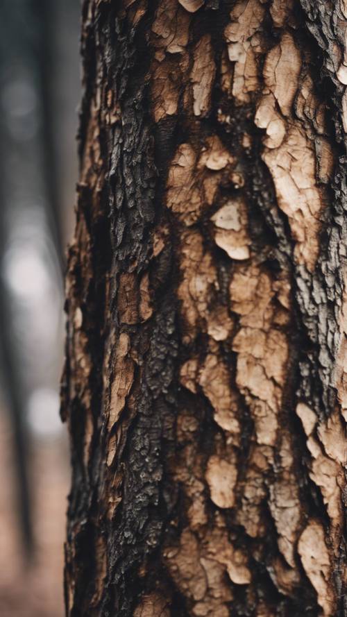 A close-up shot of flaky, dark textured tree bark.