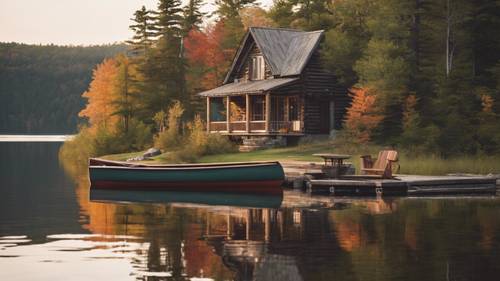 A preppy lakeside cabin with a dock, an Adirondack chair, and a lone canoe. Tapet [57ef9edd84c549b092e9]