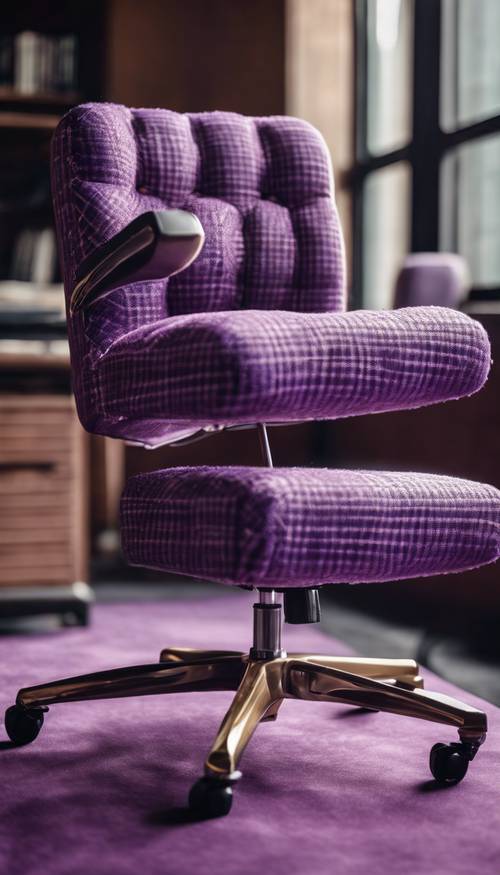 Uma confortável cadeira de escritório estofada em tecido xadrez roxo real