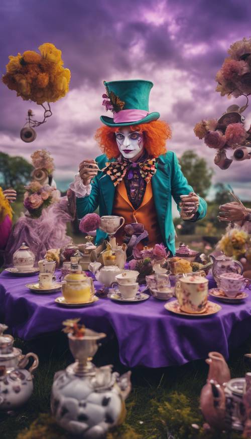 A surreal scene of the Mad Hatter's tea party full of colour and activity, set under a cloudy purple sky.