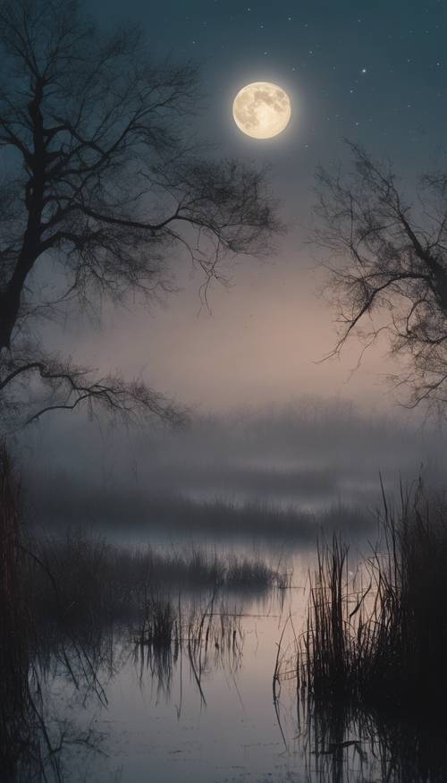 Um pântano envolto em névoa espessa sob um céu enluarado.