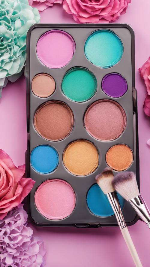 A cute girly makeup palette with a variety of vibrant colors and a brush for application.