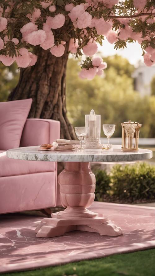 고급스러운 뒷마당의 나무 아래에 핑크색 대리석 테이블이 놓여 있습니다.