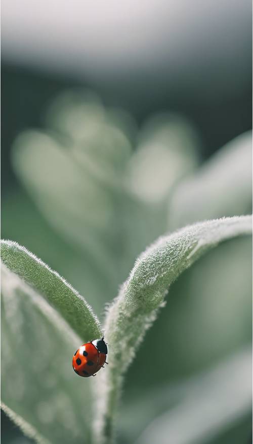 샐비어 녹색 잎 가장자리에 앉아 있는 작은 무당벌레.