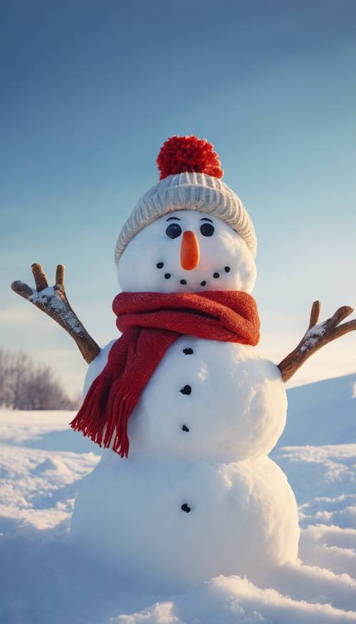 A cheerful snowman with a carrot nose and a red scarf, sitting in a snowy field underneath a bright blue sky.