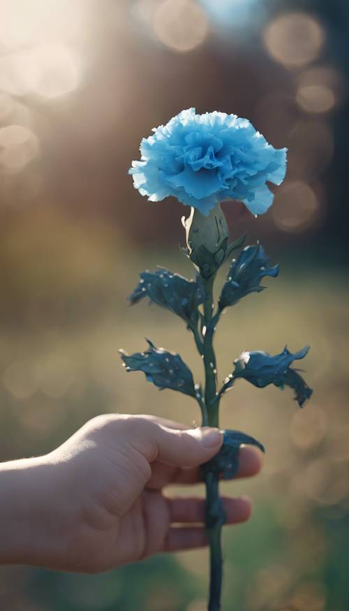 Un clavel azul completamente florecido sostenido suavemente en la mano de un niño.