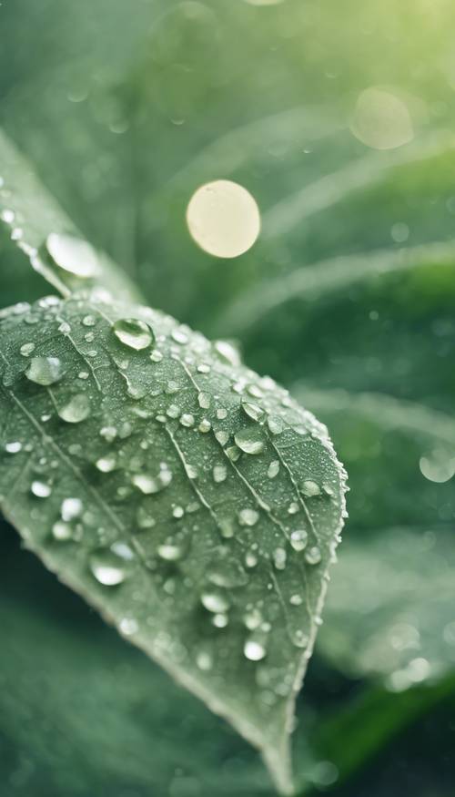 Close-up of a sage green textured leaf with droplets of water. Tapeta [db4c31037e584a7ba956]