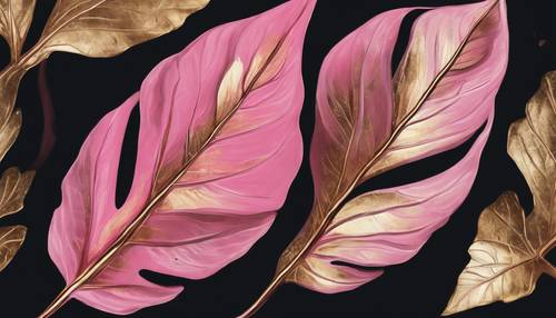 Peinture stylisée représentant une feuille rose, avec des détails veinés d&#39;or, sur fond noir.