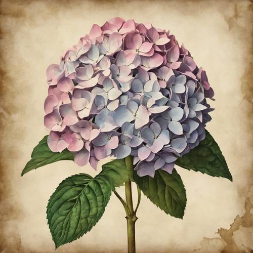 A vintage illustration of a lavishly blooming hydrangea against a parchment background.