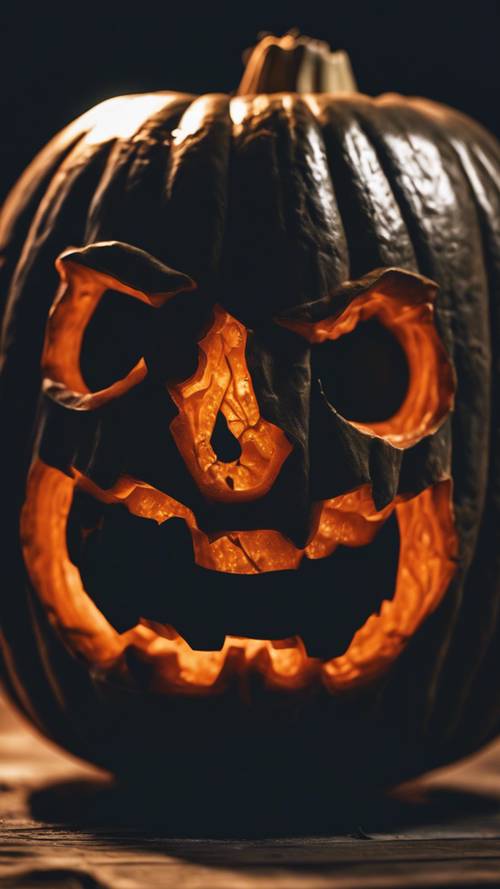 Uma abóbora assustadora de Halloween esculpida com um rosto assustador, pintada completamente de preto.