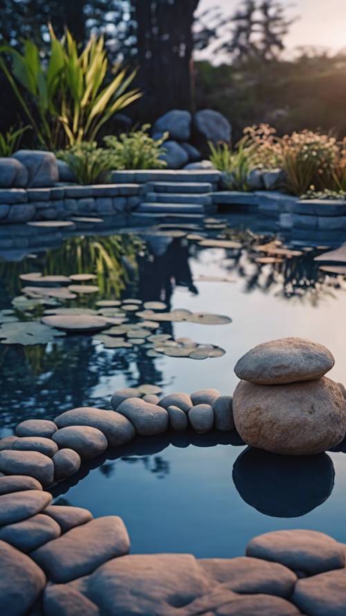 Un jardin zen paisible avec un petit étang serein reflétant des pierres brillantes sous le crépuscule bleu sombre.