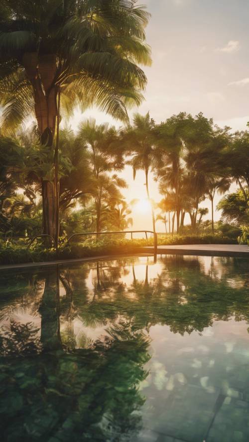 Pool in lush greenery during the golden sunset