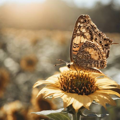 一幅複雜的特寫圖像，一隻棕色斑點的金色蝴蝶輕輕地停在向日葵上。