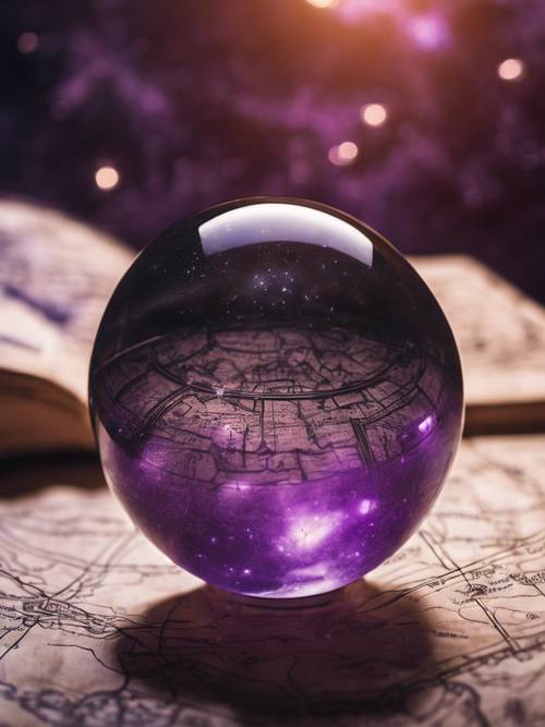 Una bola de cristal que proyecta cuerpos celestes negros y morados en un antiguo mapa de hechicero.