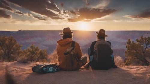 A couple on a road trip, watching the sunrise over the Grand Canyon from their campsite.