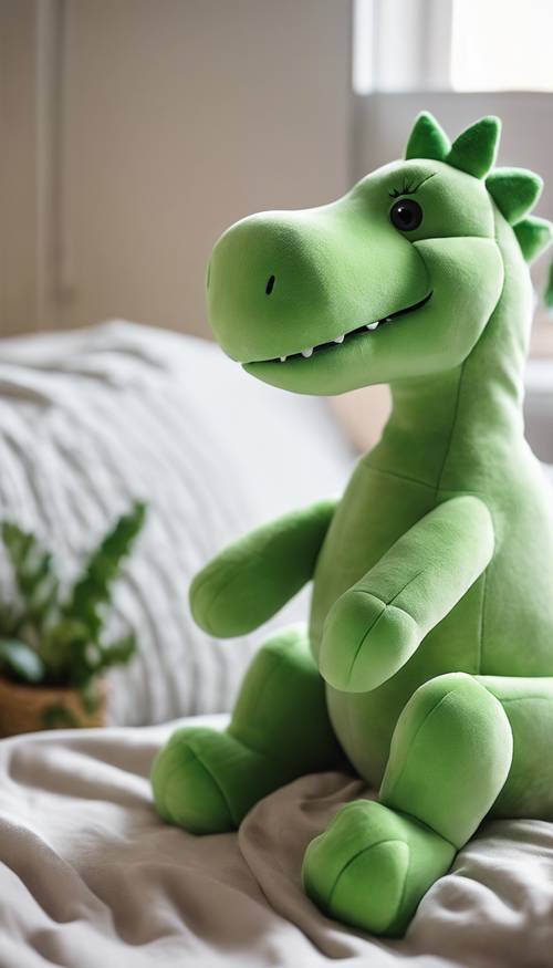 Boneka dinosaurus hijau yang lucu, teksturnya yang lembut hampir terlihat jelas, tergeletak dengan nyaman di kamar tidur anak yang cukup terang.