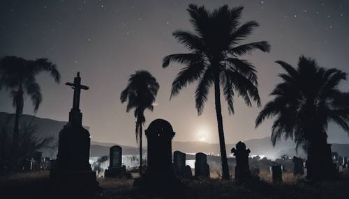 Adegan kuburan di bawah sinar bulan, ditandai secara kriminal dengan pohon palem hitam yang ditempatkan secara aneh.