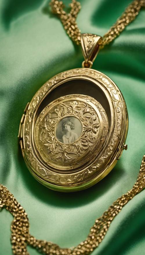 An old-fashioned gold locket with a picture inside, on a green satin background.