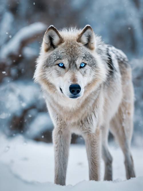 Ein frostbedeckter Wolf mit kristallblauen Augen, der seine Beute in einer scharfen, weißen Schneelandschaft heimlich verfolgt.
