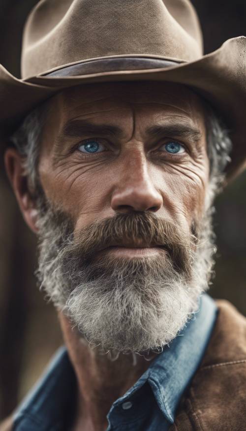 Retrato detalhado de um cowboy com olhos azuis frios e barba grisalha, seu chapéu projetando uma sombra sobre seu olhar intenso.