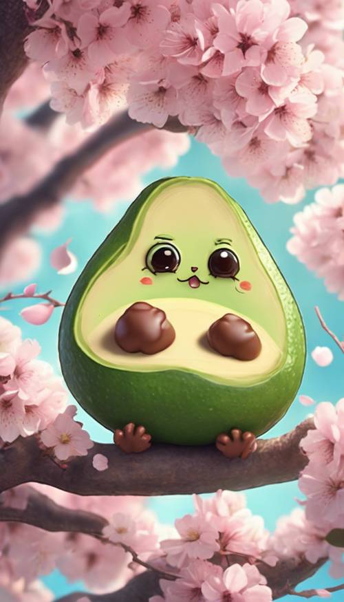 Shy and cute avocado blushing under a cherry blossom tree, drawn in kawaii style.