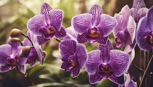 Une peinture d’orchidées violettes de style vintage.