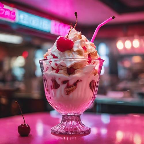 Un helado cubierto con una cereza rosa neón en un restaurante retro.