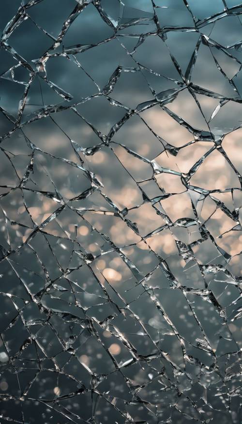 A realistic pattern of a shattered glass screen reflecting a stormy sky.