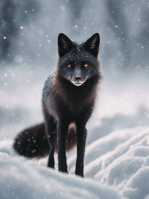 Un rápido zorro negro lanzándose juguetonamente en un desierto nevado.